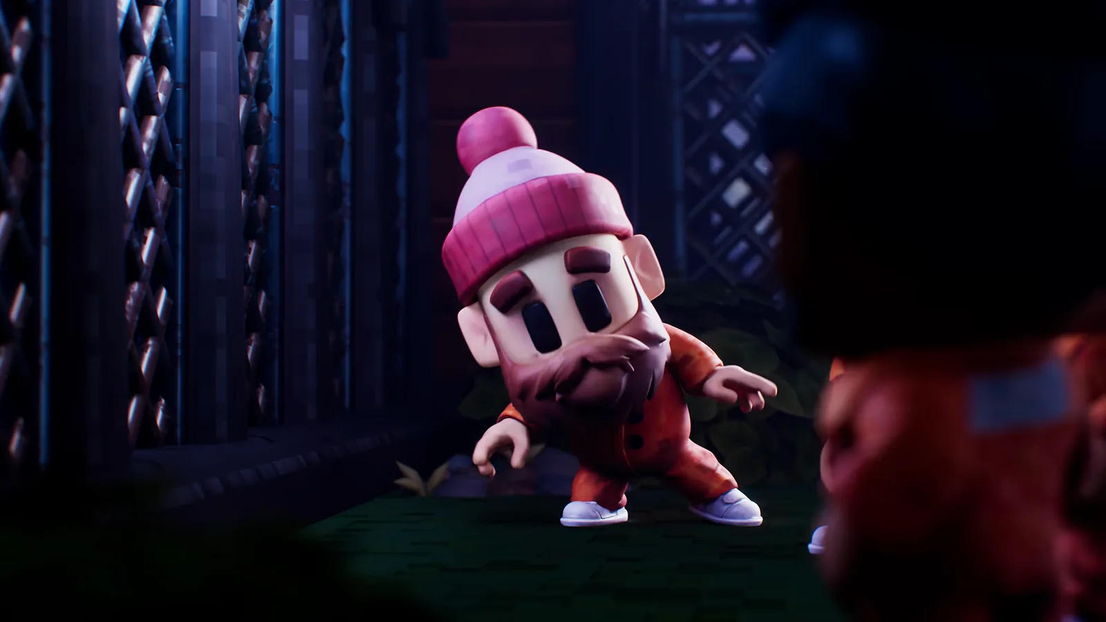 The Escapists 3 close-up of a bearded inmate in a pink bobble hat gesturing mid-argument with another inmate in a night-time confrontation