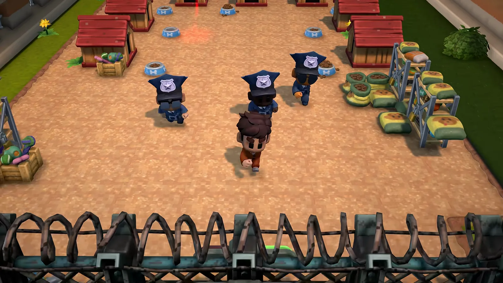 The Escapists 3 top-down view of guards and sniffer dogs patrolling a kennel yard while a brown-haired inmate walks past the dog runs