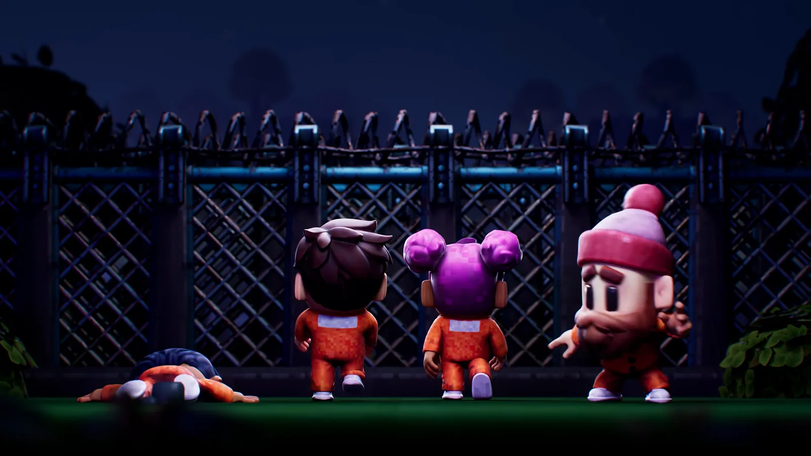 The Escapists 3 announcement trailer frame of four inmates at a chain-link fence at night while one inmate lies fallen on the grass
