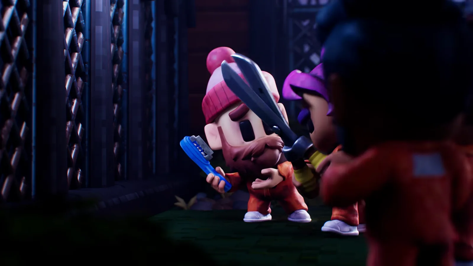 The Escapists 3 trailer frame of a purple-haired inmate brandishing a large makeshift blade while a bearded inmate holds up a blue toothbrush