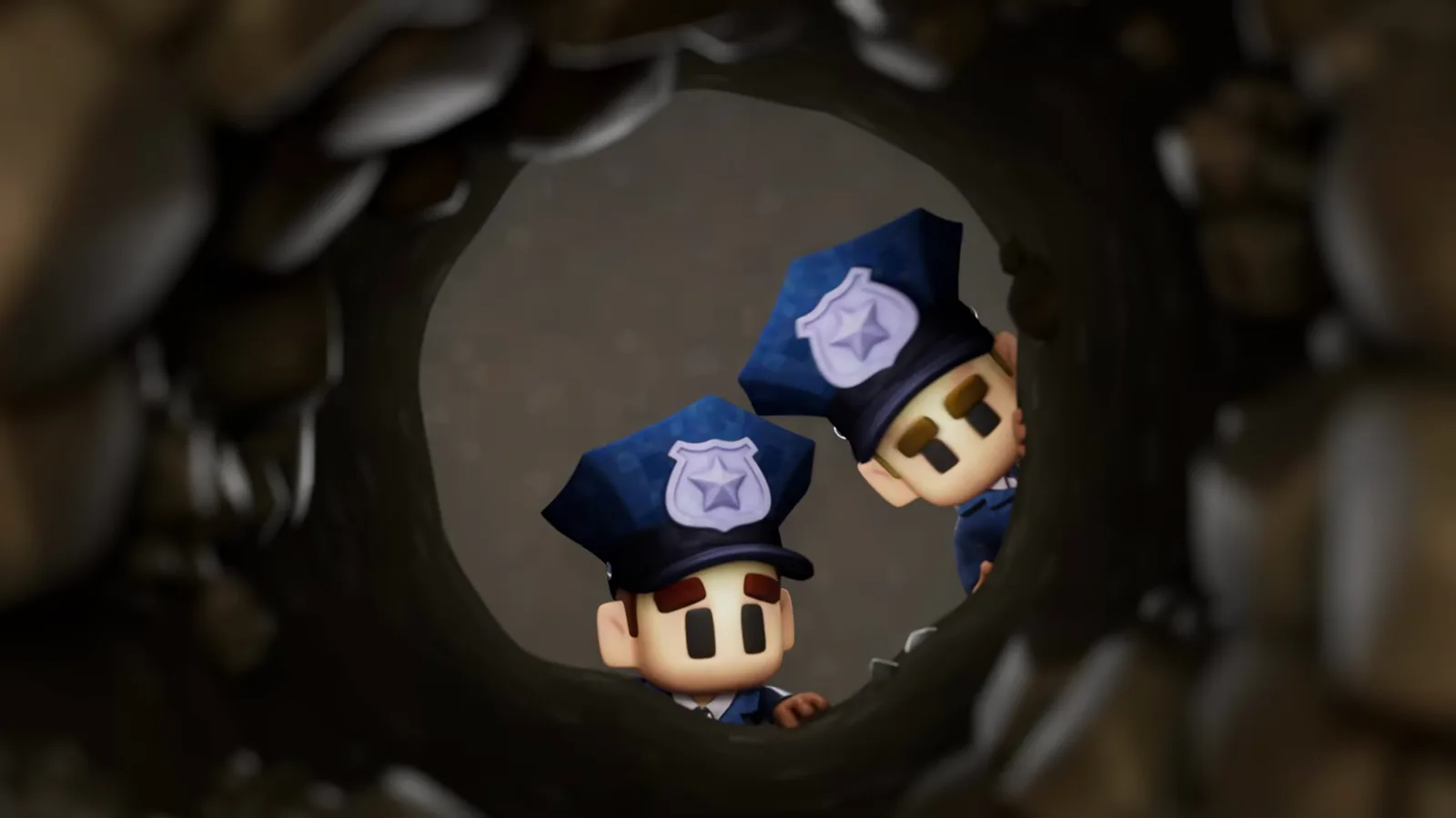 Two The Escapists 3 guards lean down to peer into a freshly dug tunnel hole discovered in the prison grounds