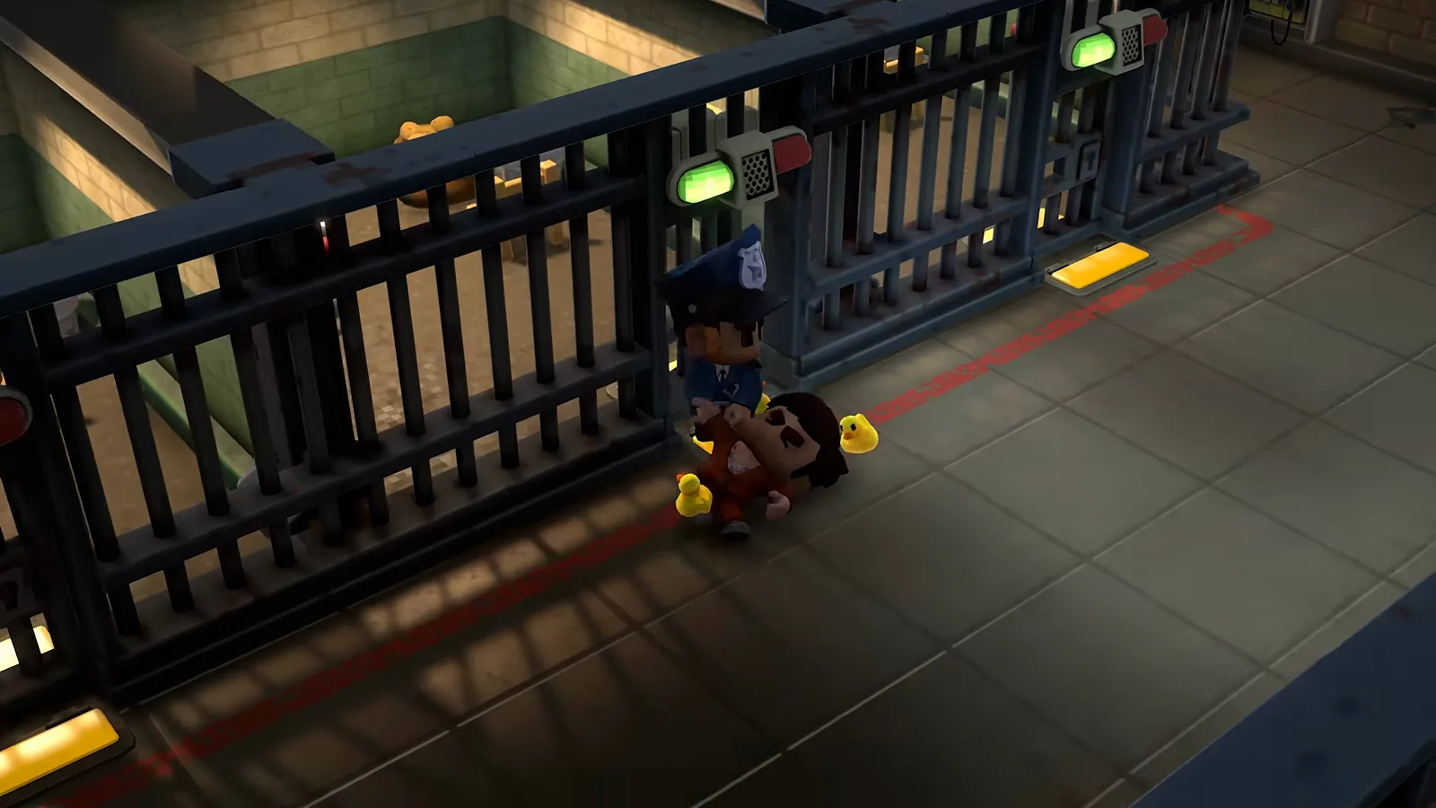 A grey-haired inmate wrestles an orange-jumpsuited inmate at a cell block gate under green door lights and a red alert strip in The Escapists 3 trailer