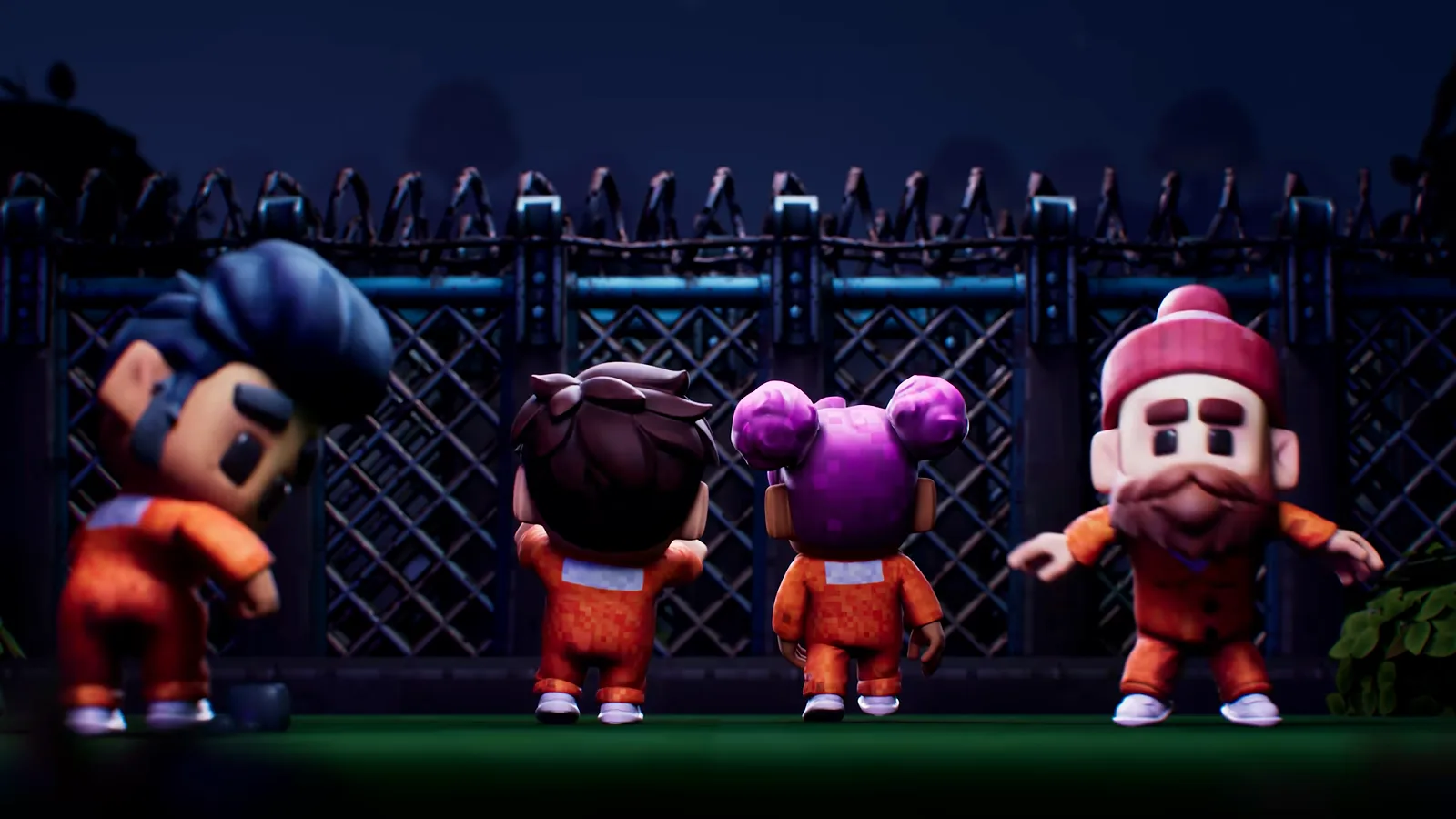 Four orange-jumpsuited inmates regroup at a barbed-wire-topped fence in a night scene from The Escapists 3, caught mid-way through a fence escape