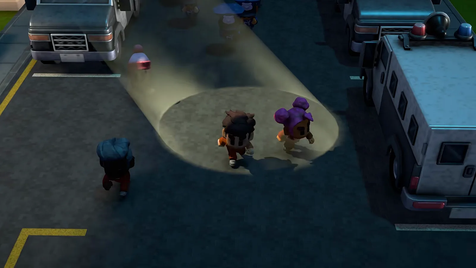 Two inmates sprint through a sweeping searchlight cone between parked vehicles in The Escapists 3 during the post-wall escape sequence