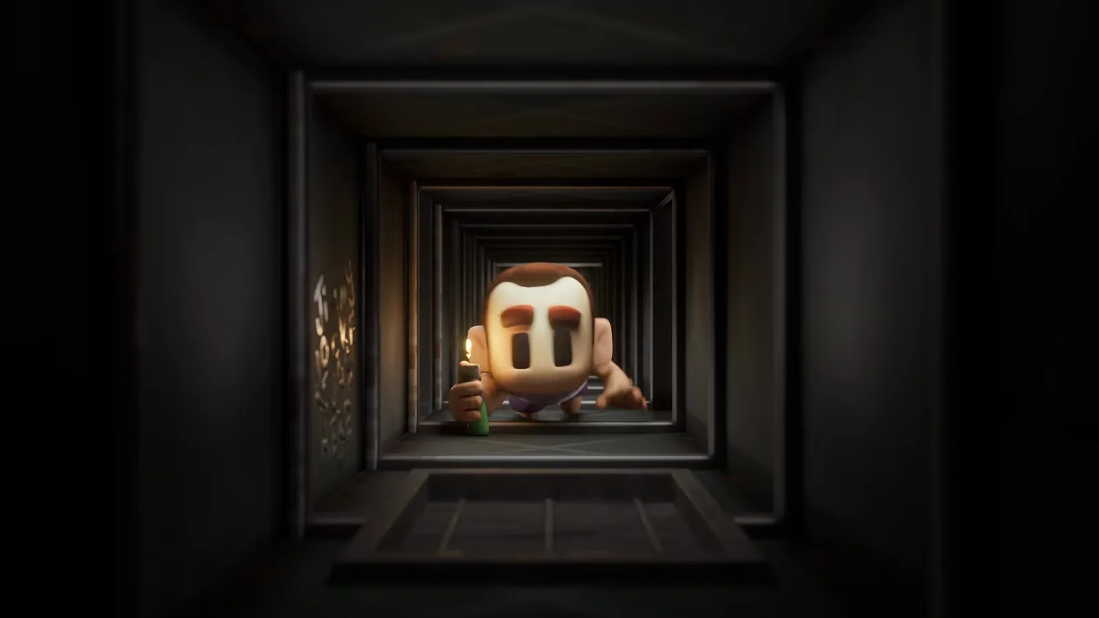 The Escapists 3 announcement trailer shows a chibi inmate crawling through a long dark ventilation duct holding a candle, demonstrating the confirmed vent escape method