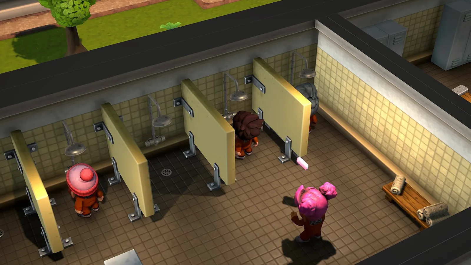 Inmates moving through a tiled prison washroom with yellow divider stalls during a scheduled slot of the daily routine in The Escapists 3 trailer