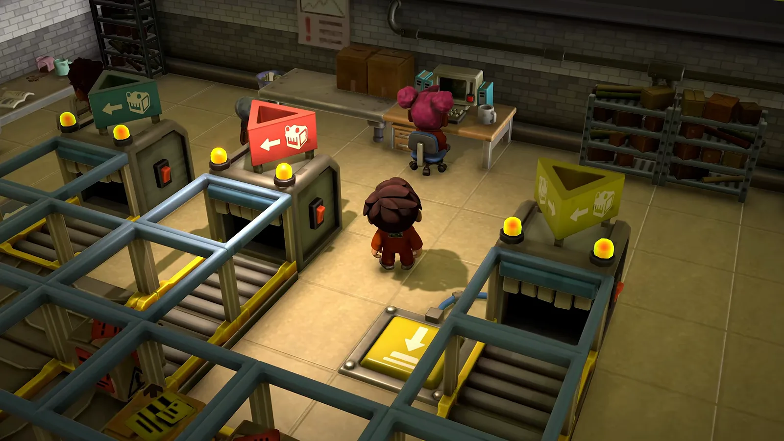 An inmate in an orange jumpsuit standing at a conveyor belt junction inside the workshop in The Escapists 3 announcement trailer, surrounded by yellow warning lights and crates