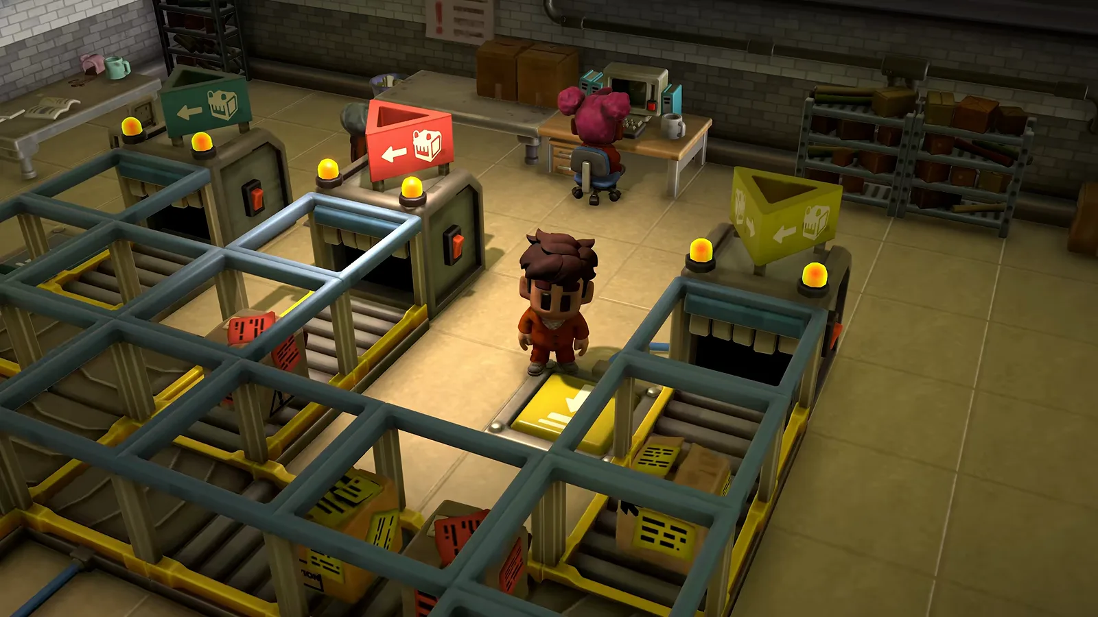 A pink-haired inmate seated at a computer workstation beside conveyor belts and stacked crates in The Escapists 3 trailer workshop scene
