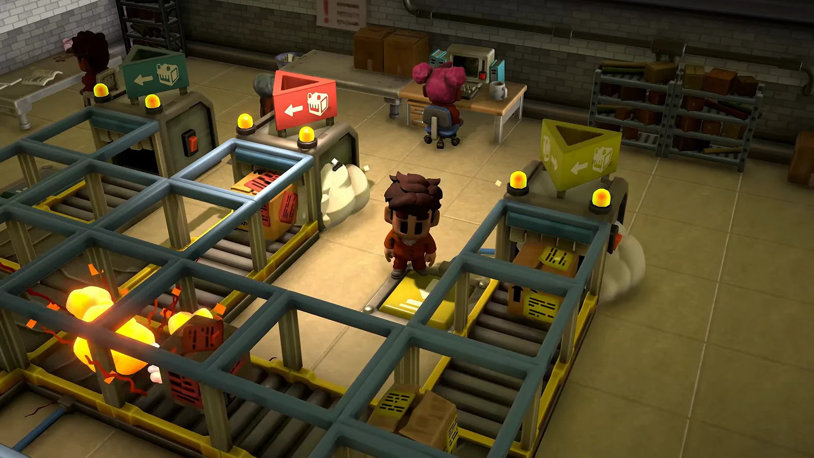 The Escapists 3 workshop floor seen from above, with conveyor lines, a crate-dispensing hopper machine and inmates working at their stations