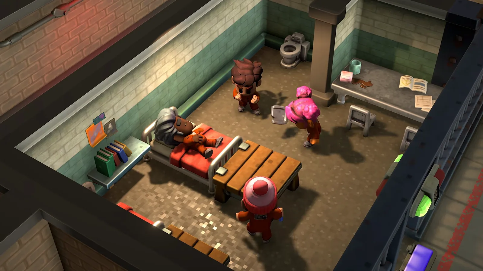 Cutaway view of a cell block in The Escapists 3 showing inmates relaxing in their cells with bunk beds, desks, books and toilets