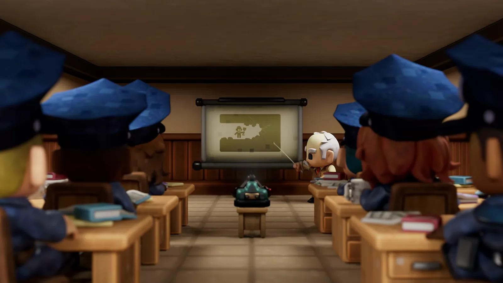 Blue-uniformed guards take notes at desks while a white-haired instructor presents an escape case on a projector screen in the opening lecture scene of The Escapists 3