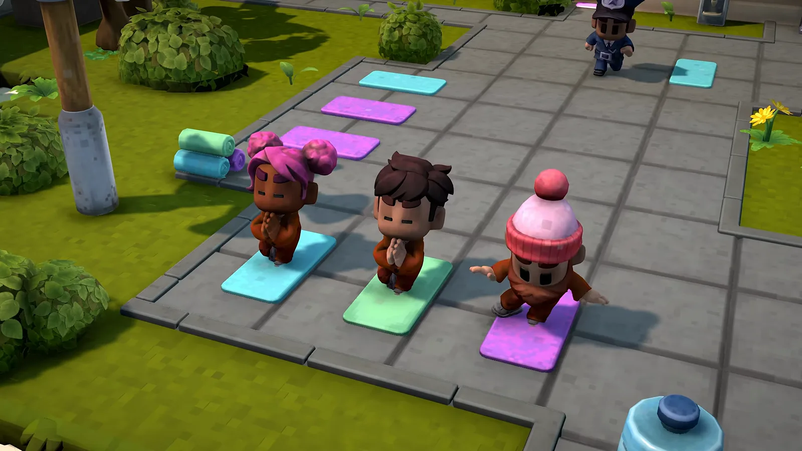 Inmates hold yoga poses on colorful cyan, green and purple exercise mats in the prison yard during supervised free time in The Escapists 3’s trailer