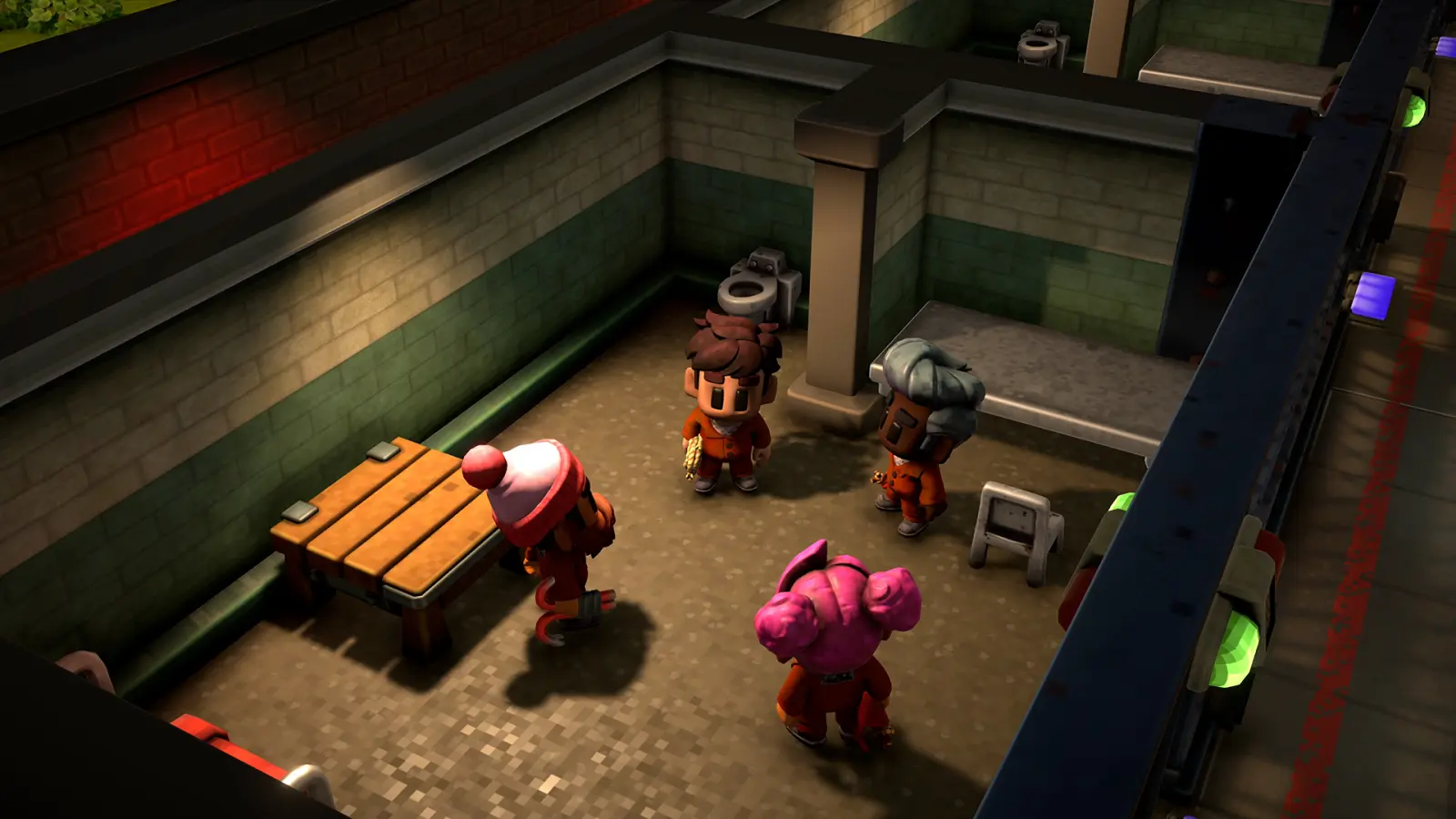 Official The Escapists 3 press screenshot of a cutaway cell interior with four inmates, a bunk, table and toilet, cell doors fitted with green and blue status lights and a red alert strip glowing on the wall