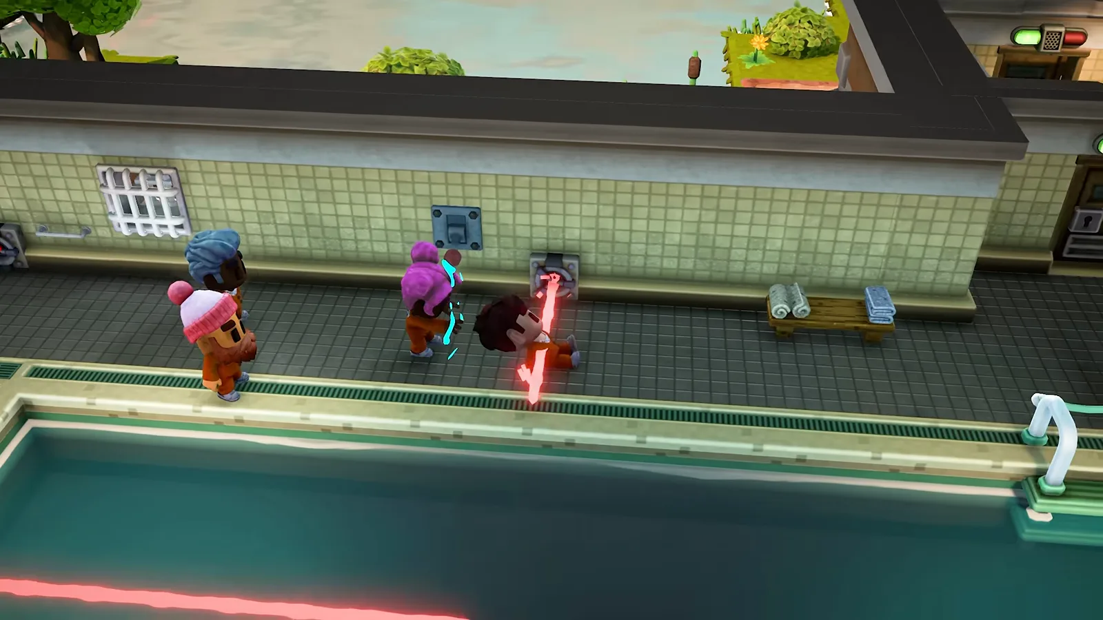 Red laser lines crossing an indoor prison pool in The Escapists 3 with one inmate caught inside a glowing red trigger field beside a wall lever while crewmates watch from the edge