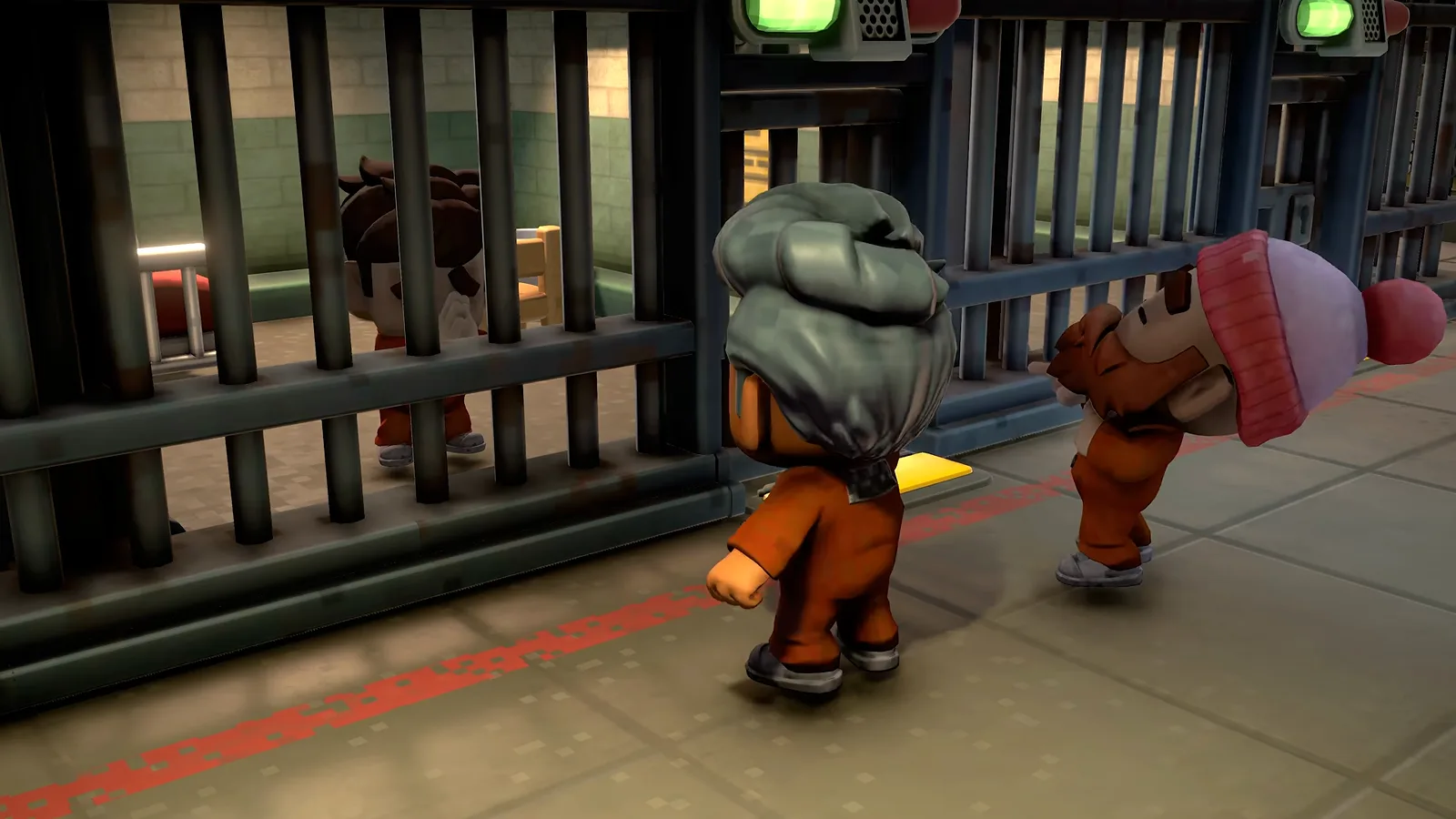 The Escapists 3 frame of two inmates working at a locked barred cell front with an indicator light overhead