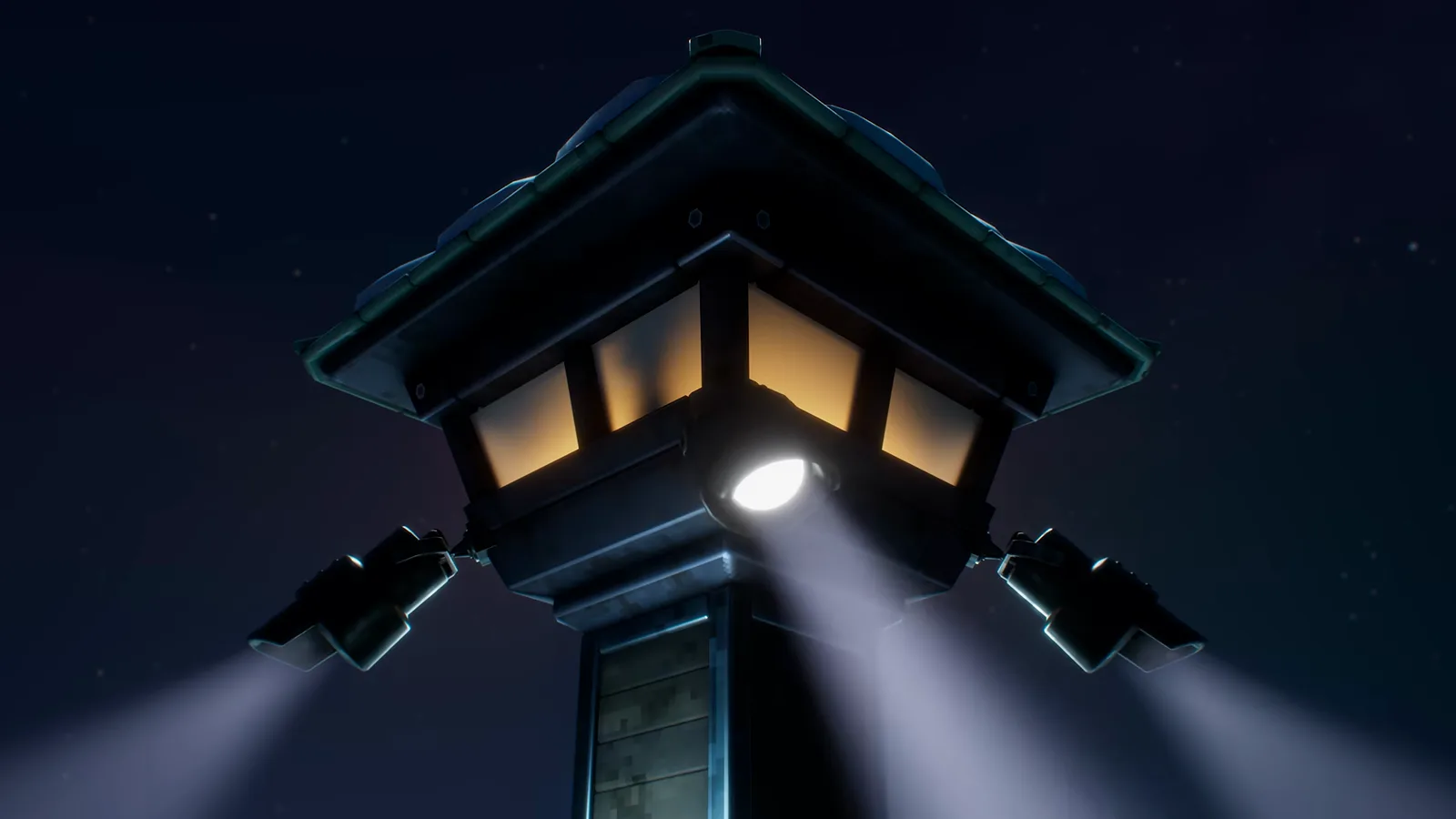 The Escapists 3 night shot of a prison watchtower casting searchlight beams over the compound