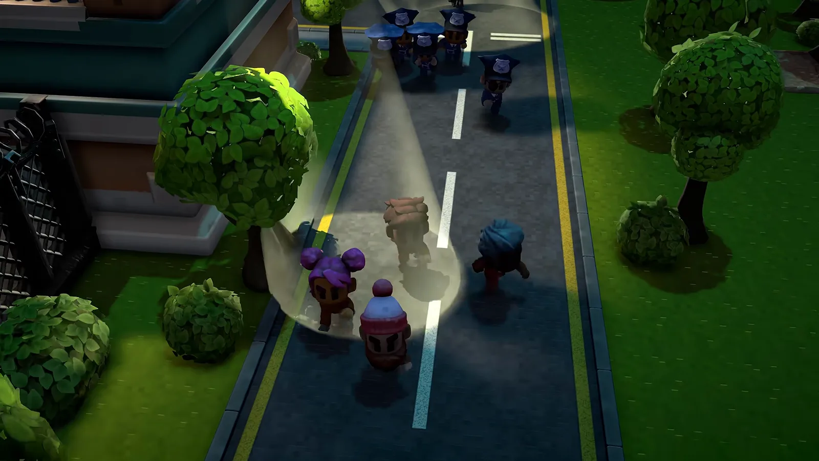 The Escapists 3 trailer close-up of one long guard vision cone stretching toward inmates standing at its edge