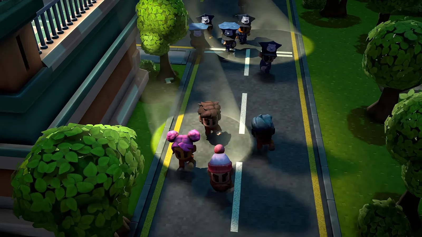 The Escapists 3 top-down view of translucent guard vision cones sweeping a prison road as inmates walk beside them