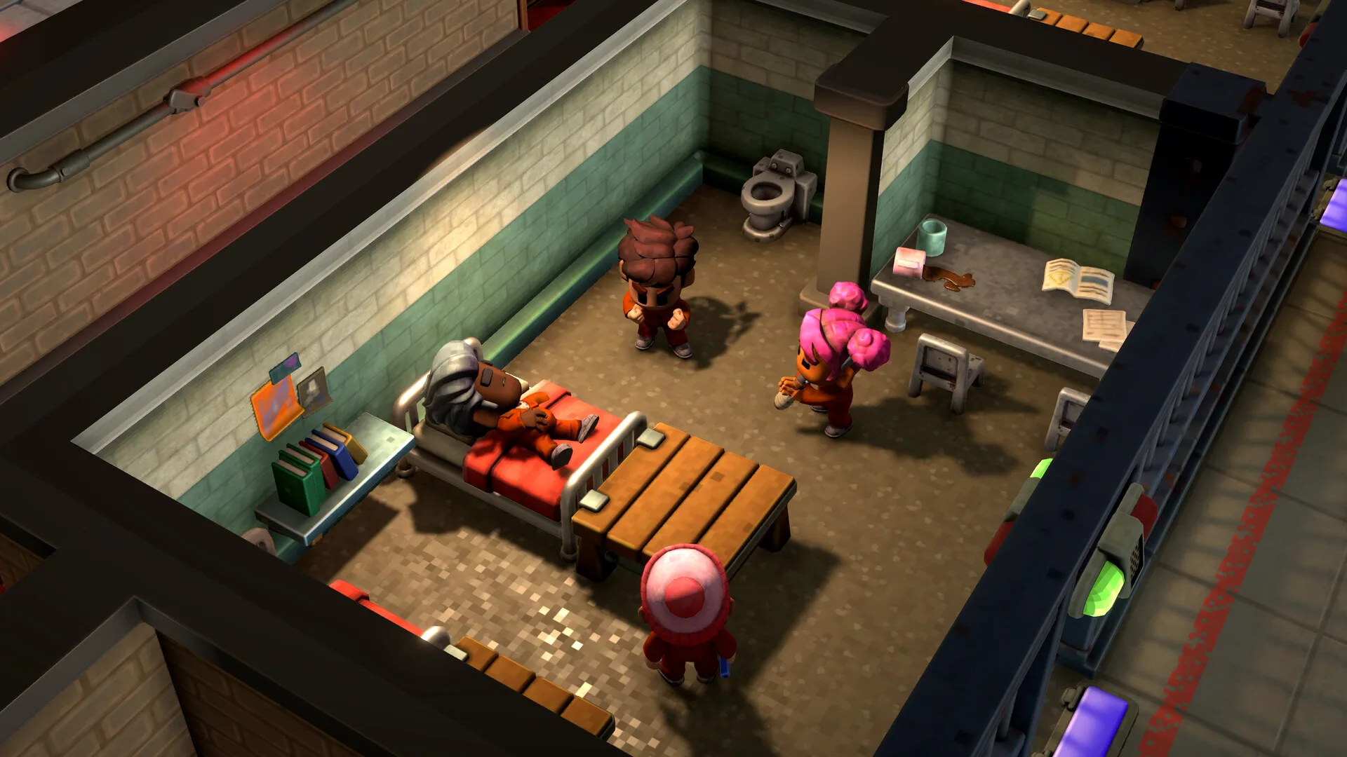 Official The Escapists 3 screenshot showing a cell seen from the fixed overhead camera: a bed with someone lying on it, a wooden desk, and books, papers and cups around the room