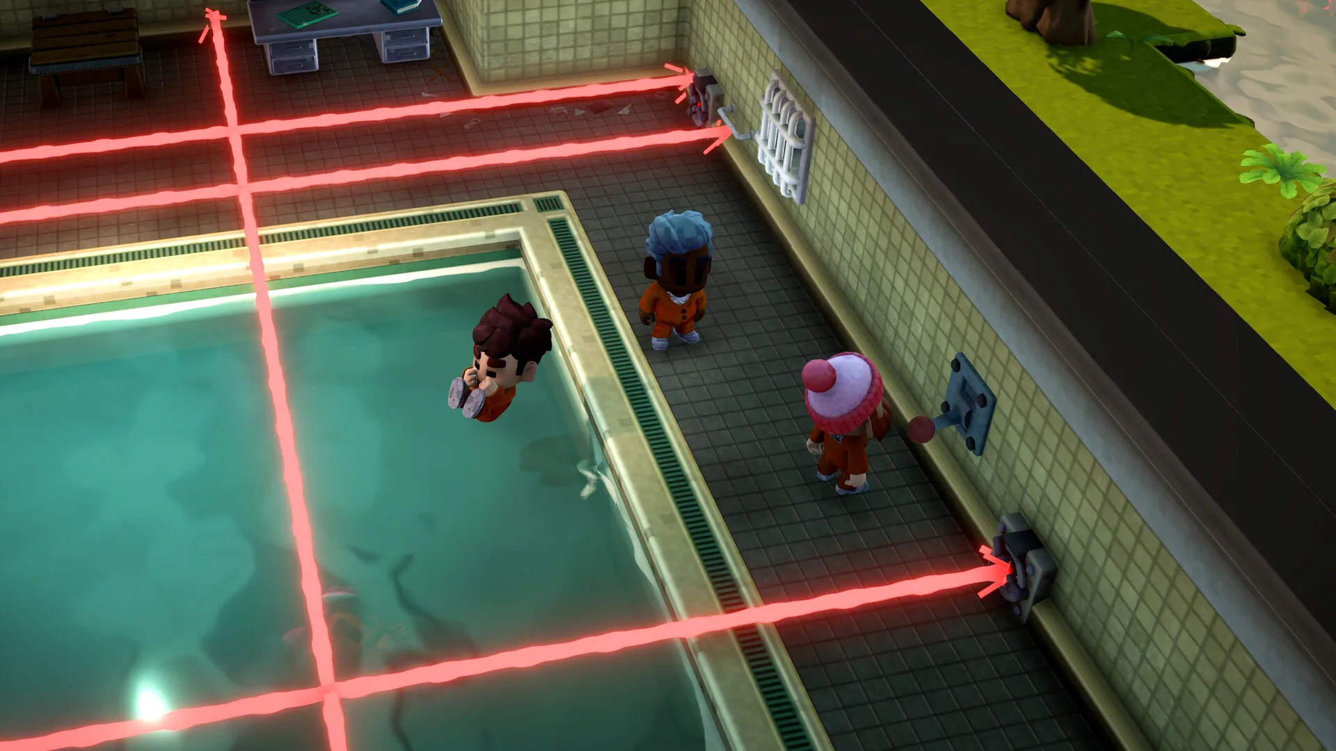 Official The Escapists 3 screenshot showing an indoor swimming pool with green tiled walls inside a prison, the confirmed example of a hidden zone inside a facility
