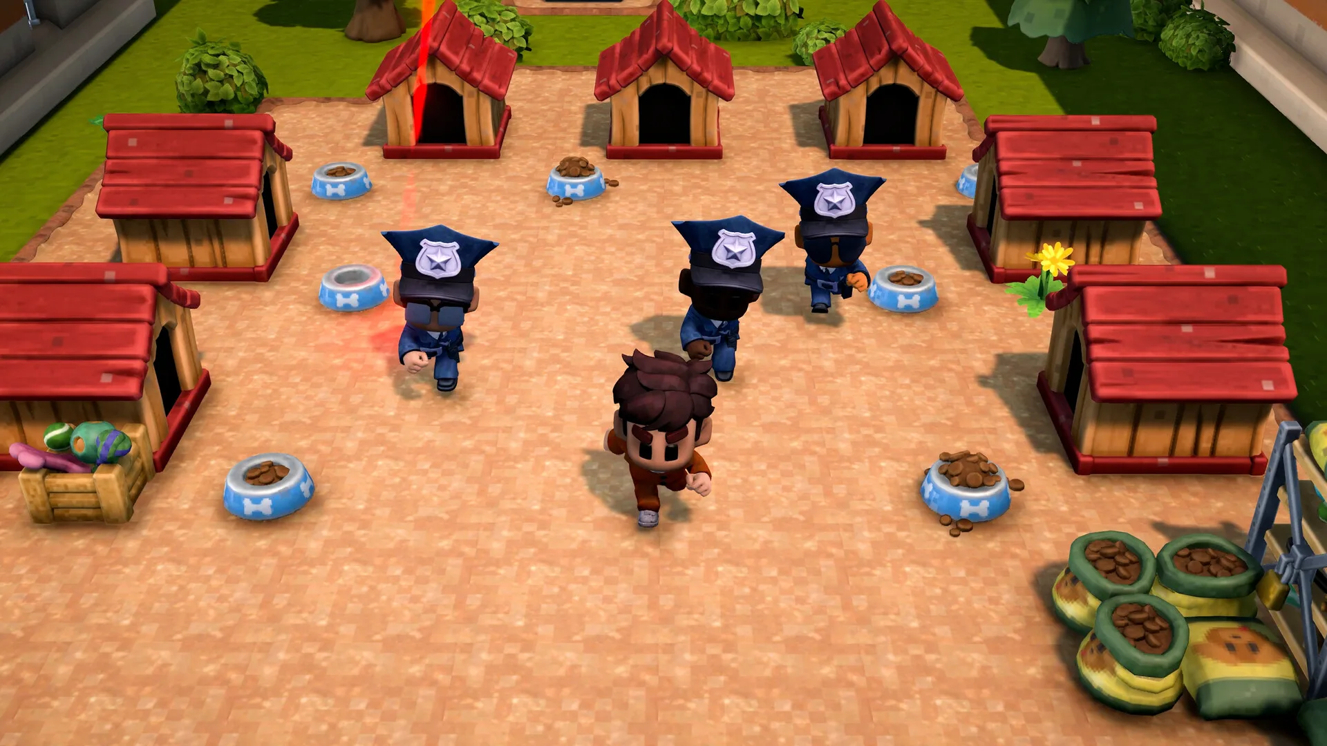 Official The Escapists 3 screenshot showing four inmates in orange jumpsuits walking along railway tracks through a sunlit rocky quarry canyon