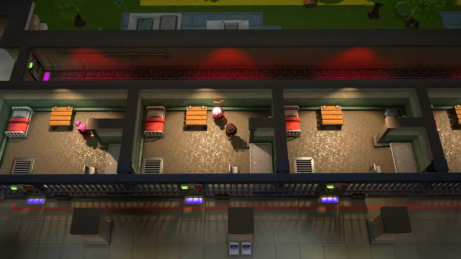 The Escapists 3 reveal trailer shows a 3D dollhouse cutaway of a cell block with floor grates, electronic door locks and a red alert light strip.