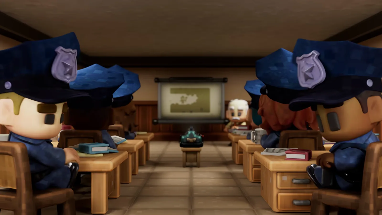 Chibi 3D police officers in blue caps take notes at classroom desks while an old instructor presents escape case studies in The Escapists 3 reveal.