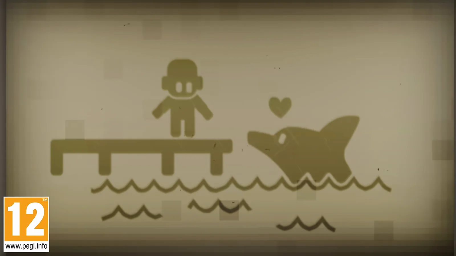 Sepia hand-drawn escape plan animation from The Escapists 3 trailer, showing a blocky inmate on a diving board above a waiting shark.