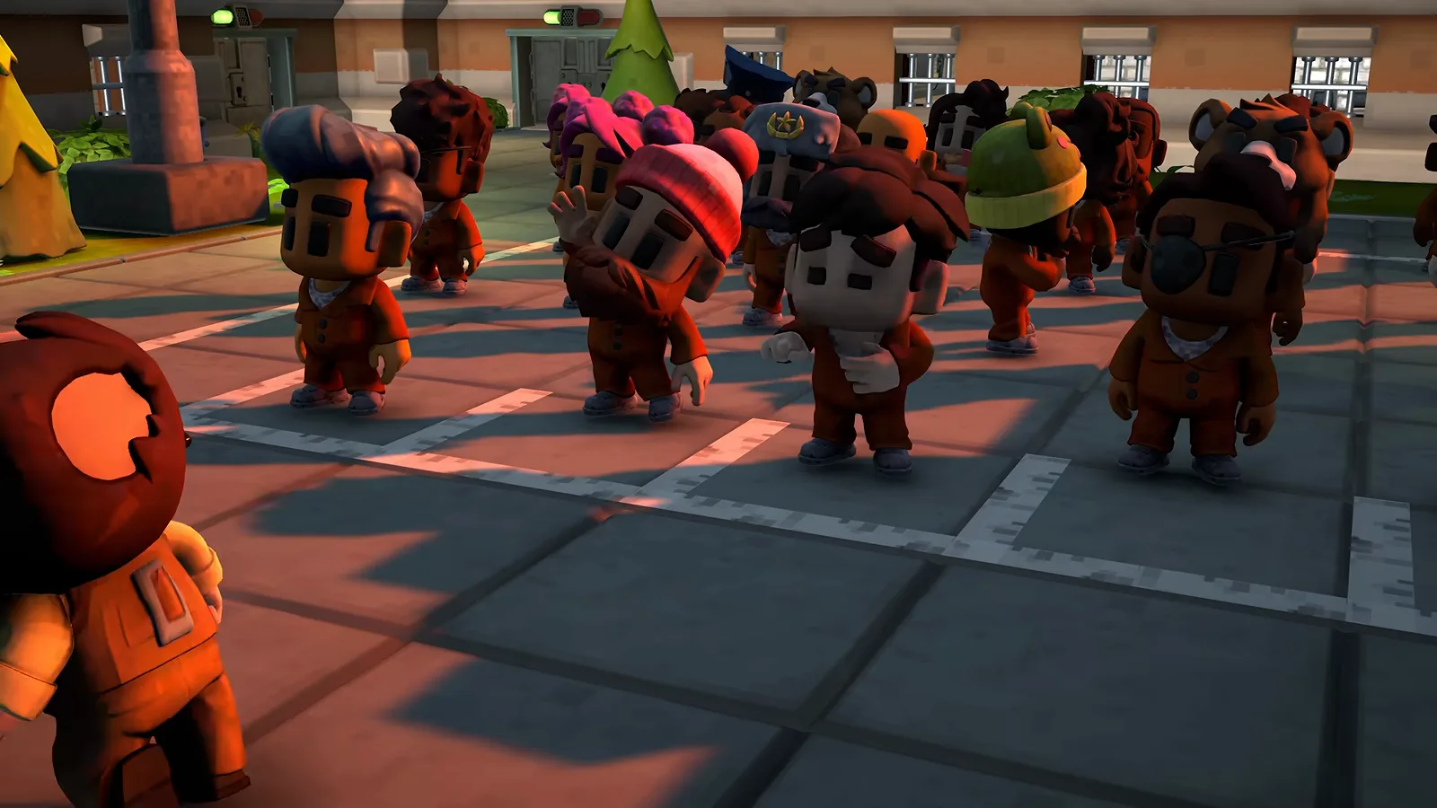 Dozens of uniquely customized inmates stand in painted roll-call squares at dusk, demonstrating character creator variety in The Escapists 3.