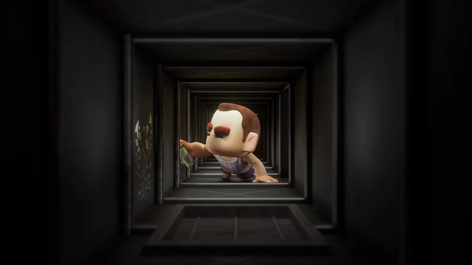 An inmate in a white vest crawls through a square metal ventilation duct with tally marks scratched into the wall, confirming vent escapes in The Escapists 3.